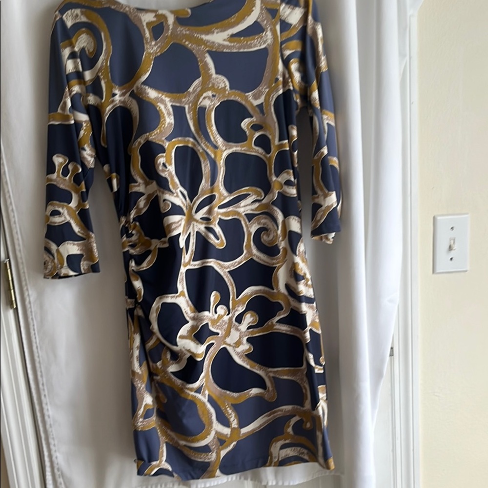 Blue and Gold Sheath Dress with Raglan Sleeves